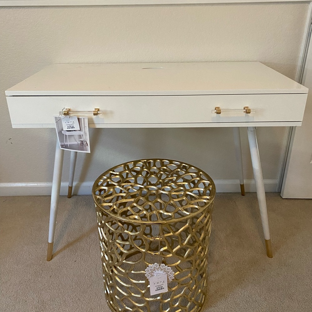 NWT white make up table with gold stool